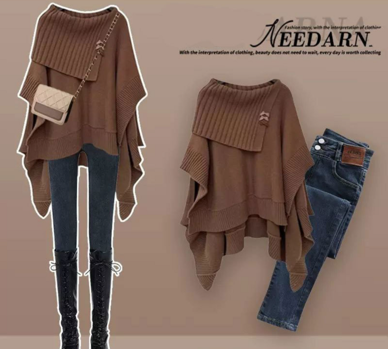 Damenbekleidung Sanftes Herbst- und Winteroutfit für Damen in großen Größen, Überwurf, schlank machendes Schaloberteil, vielseitiger Jeans-Zweiteiler_voghion.com