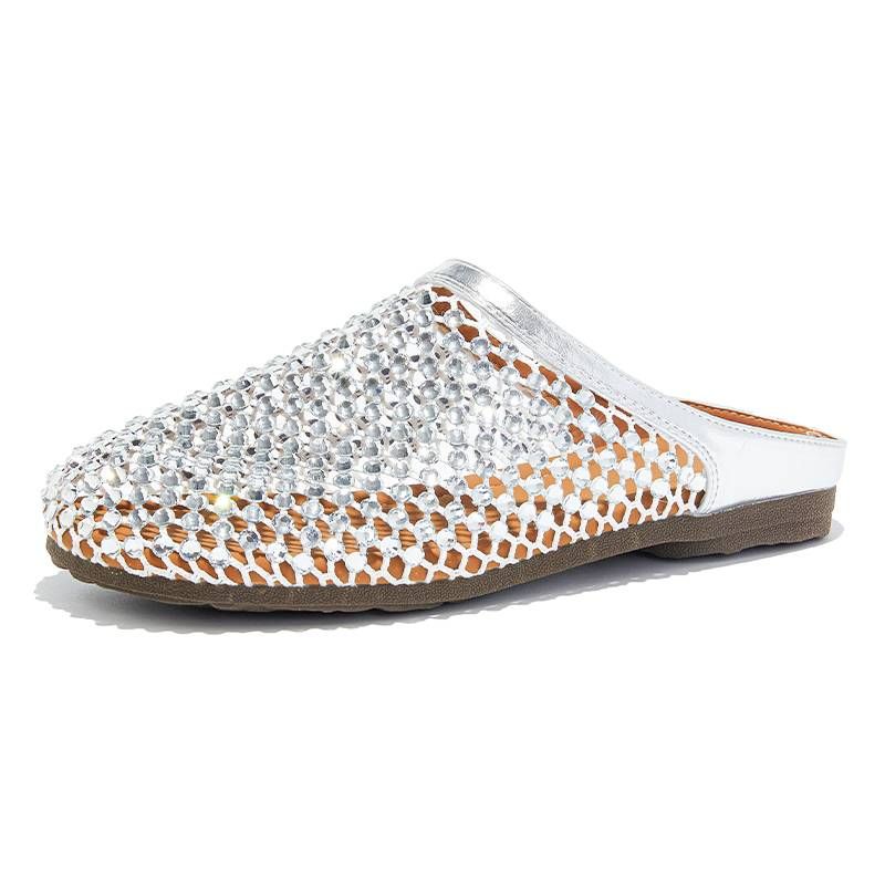 MingLiu Baotou Slippers Women's 2025 Summer New Water Diamond Breathable Mesh Hollow Out Outer Half Drag Women's Casual Flat Bottom Women's Shoes_voghion.com