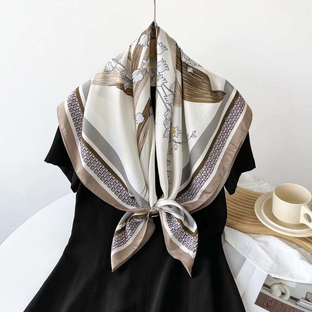 New 90 Silk with Blossoming Wealth Splicing Color Contrast Design Thin Square Scarf Lightweight, Breathable, Sunscreen,_voghion.com