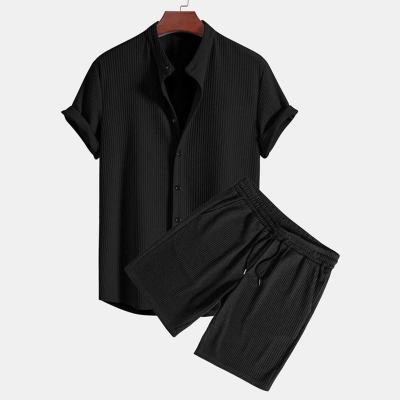 Ensemble deux pièces décontracté à manches courtes et rayures multicolores pour homme_voghion.com