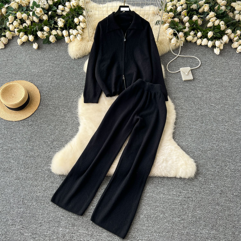 Vêtements pour femmes Pull femme rétro japonais paresseux nouveau col polo cardigan zippé pull tricoté pantalon polyvalent costume_voghion.com