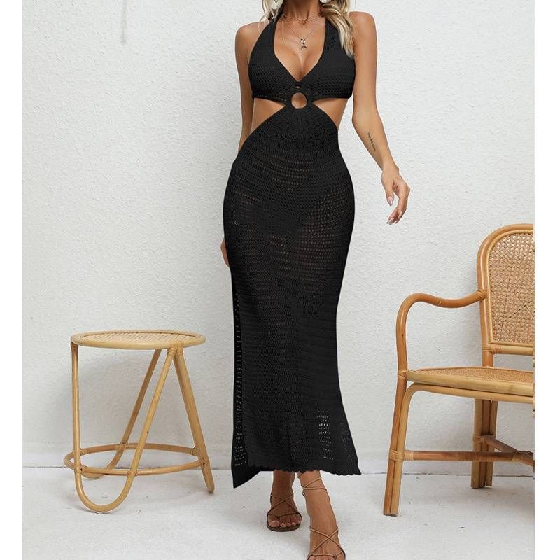 Dameskleding Vrije tijd Vakantie Sexy Slanke Taille Hangende Nekband Ring Diepe V Perspectief Zonnebrandcrème Lange Jurk_voghion.com