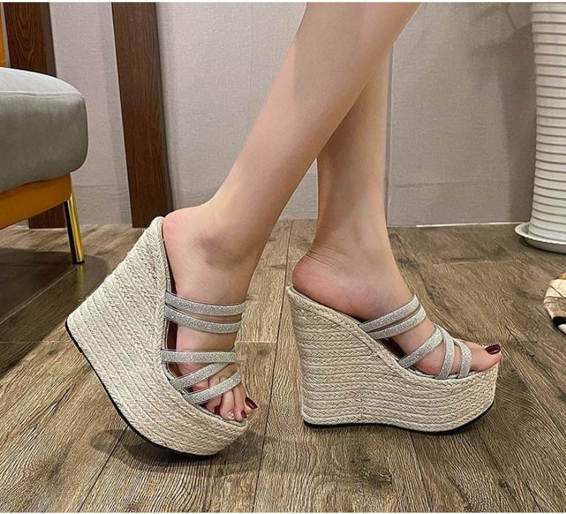 Moteriški batai su pleištiniais aukštakulniais vasariniais modeliais „Catwalk“, 16 cm dirželis, storas padas, batai šiaudine virve_voghion.com