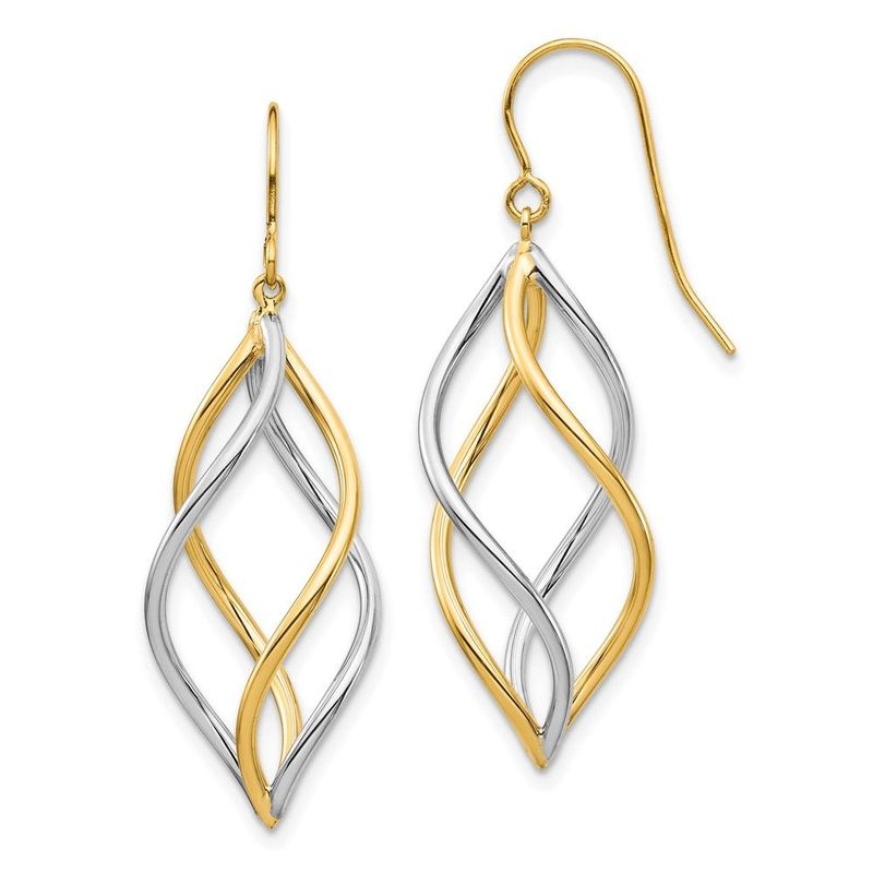 14K Two-Tone Twisted Polished Dangle Shepherd Hook Earrings_voghion.com