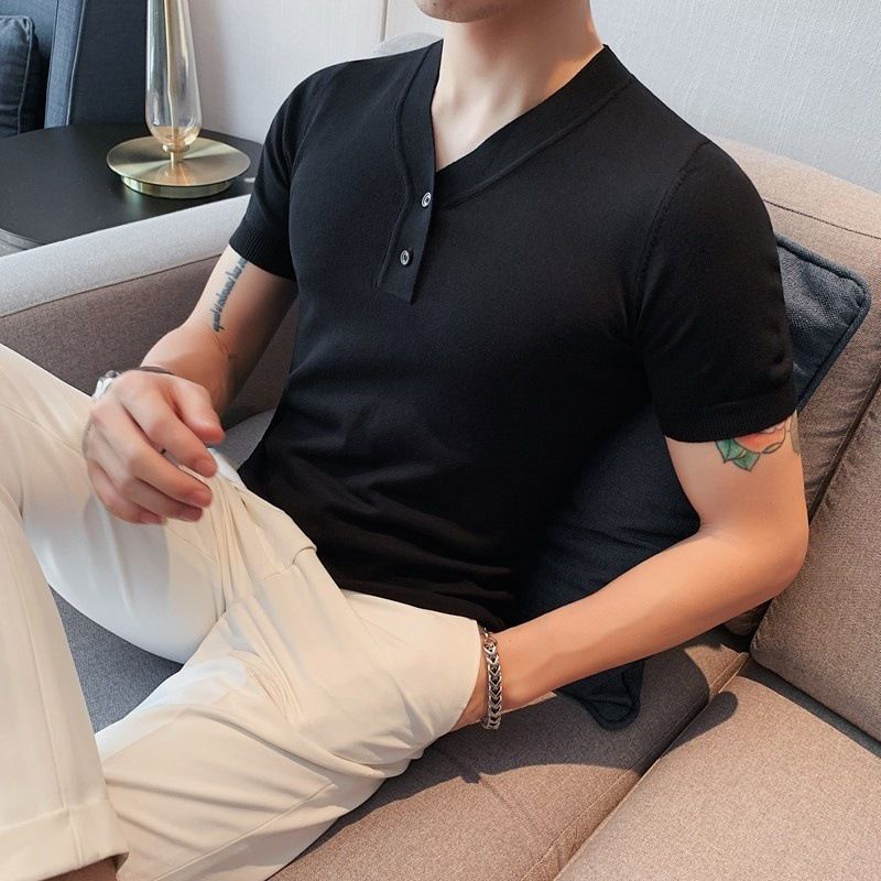T-shirt à manches courtes pour homme, fin et élégant, col en V, tricoté_voghion.com