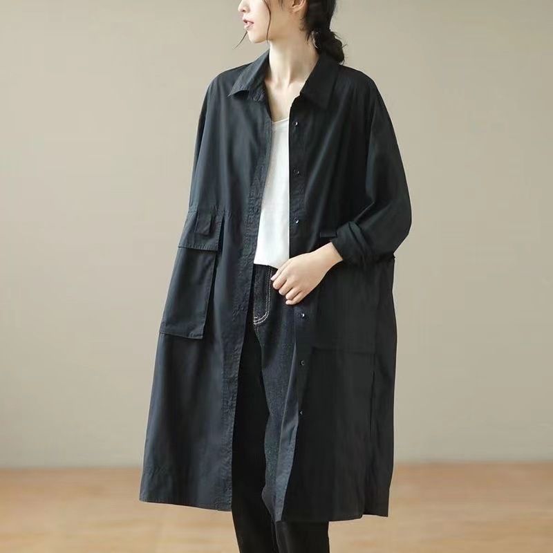 Women's Cotton Trench Coat Long Casual Loose Fit Workwear Shirt Jacket Stylish Outerwear_voghion.com