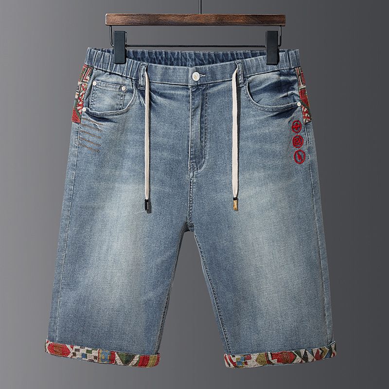 Pantaloncini in denim elasticizzati estivi da uomo, taglie forti, larghi e comodi, a vita media_voghion.com