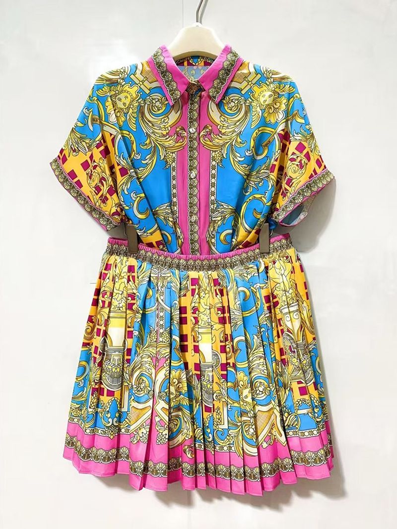 Ensemble deux pièces pour femme, chemise à manches courtes et jupe courte ample à imprimé géométrique rétro_voghion.com