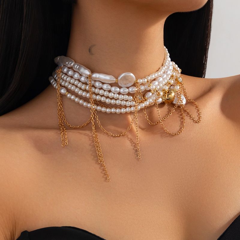 Jewelry multi layer large and small beaded tassel retro collar jewelry   pearl necklace female choker_voghion.com