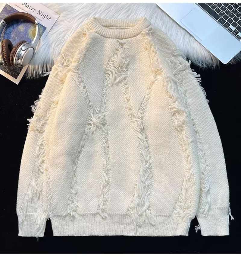 Round neck new knitted sweater, men's lazy style design, autumn and winter trendy brand, destructive woolen sweater jacket_voghion.com