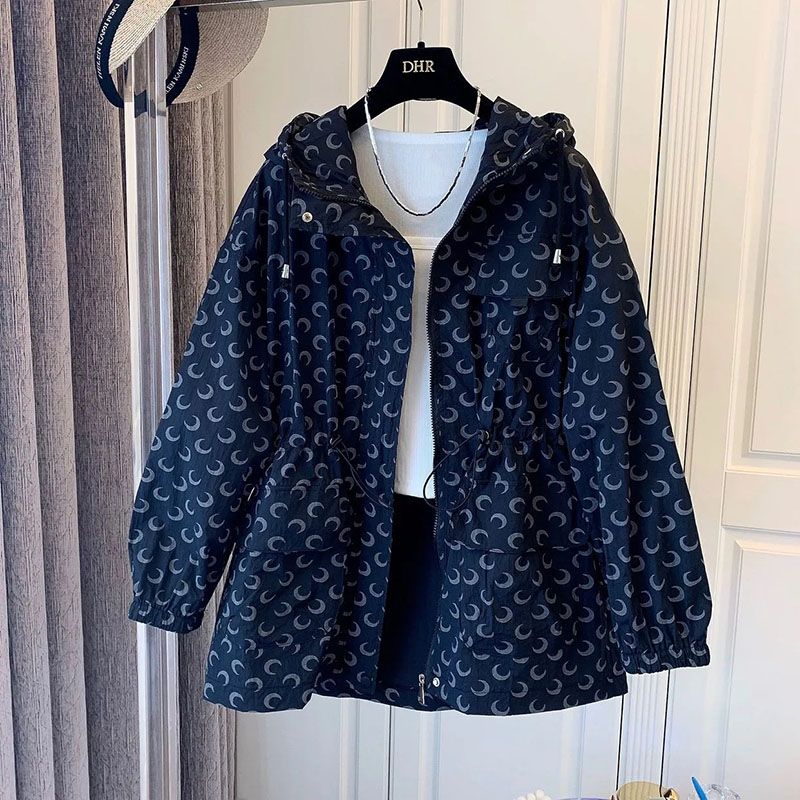 2023 Korean Print Mid-Length Sun Protection Clothing Women Loose Wild Jacket Hooded Spring Summer Zipper Windbreaker_voghion.com