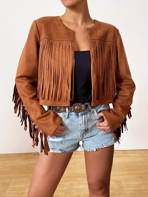 Autumn Women's Short Solid Color Loose Street Style Fringe Jacket_voghion.com
