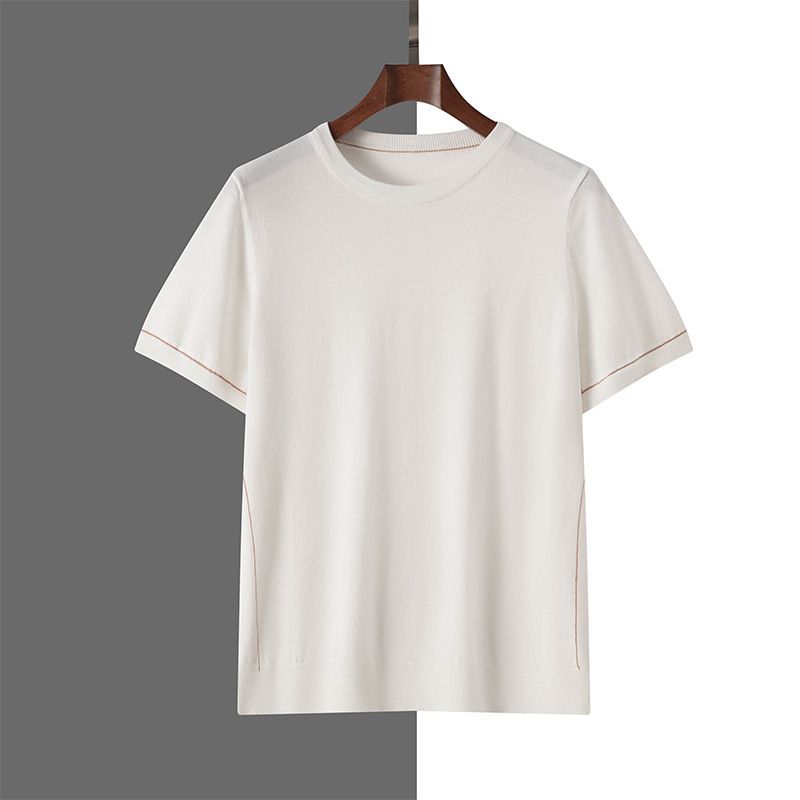 Maglietta da uomo in Tencel Lyocell con scollo rotondo e maniche corte, con base color block e finiture dorate, estate 2025_voghion.com