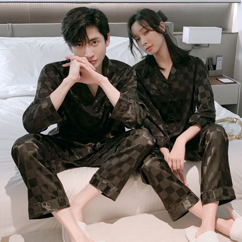 Couple's Sleepwear For Spring, Summer, And Autumn | Ice Silk Material Long Sleeve Pants Cool And Comfortable--Checkered Black Style_voghion.com