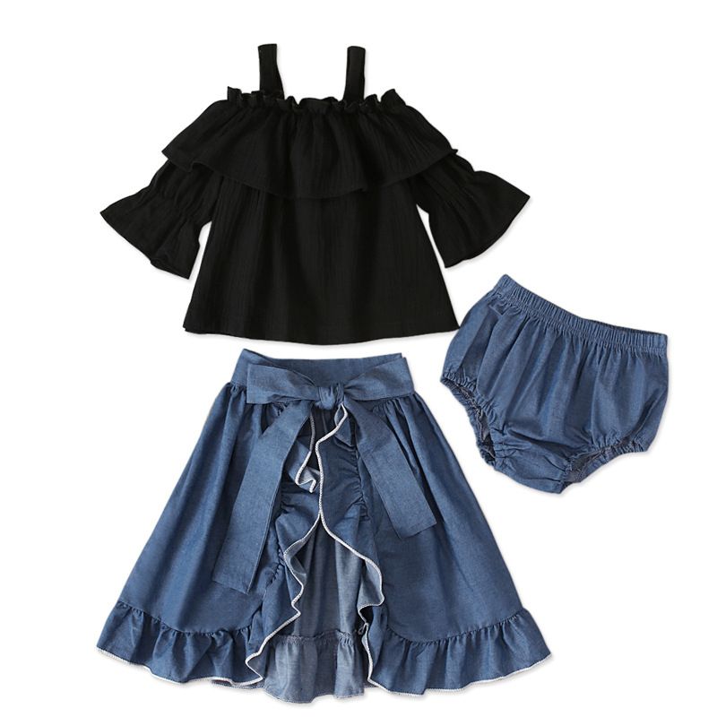 Ropa de bebé niños verano niñas media manga fuera del hombro top halter + falda dividida traje de tres piezas para niños ins_voghion.com