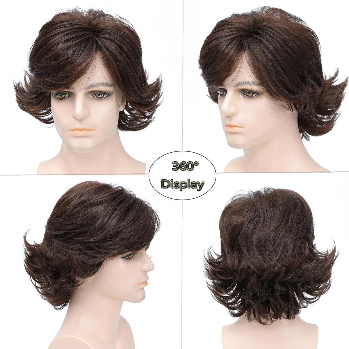 Synthetic Clip-in Men's Wigs Brown Side Parted Short Curly Hair Reverse Curling Wig Set Fashion Men's Wig_voghion.com