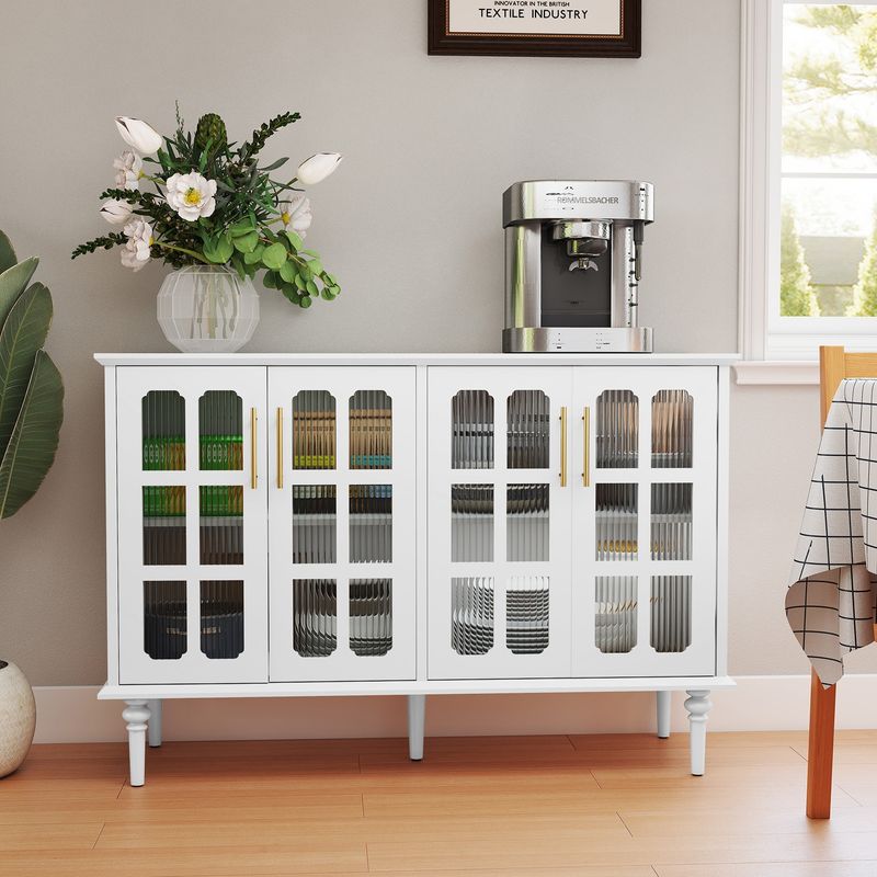 Vintage Buffet Cabinet With 4 Lattice Glass Door, Wooden Accent Cabinet With Adjustable Shelves, Credenza For Living Room, Kitchen, Dining Room, Entryway, White_voghion.com