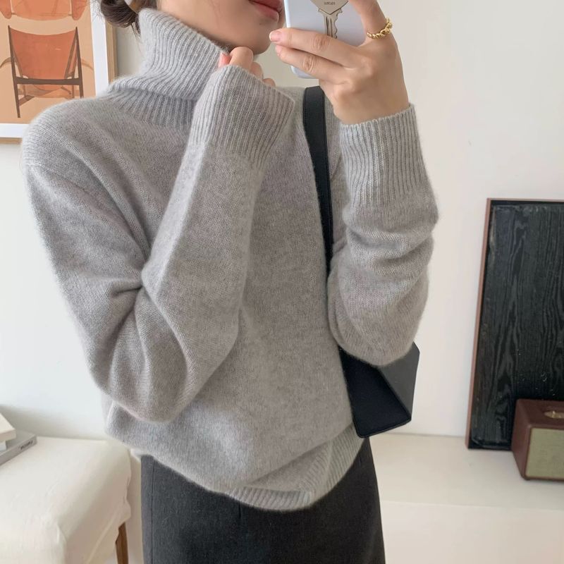 Grobstrickpullover mit hohem Halsausschnitt für Damen – Übergroßer, lässiger Rollkragenpullover, weiche Acrylmischung, einfarbiges Thermo-Oberteil für den Winter (Grau, Schwarz, Beige)​_voghion.com