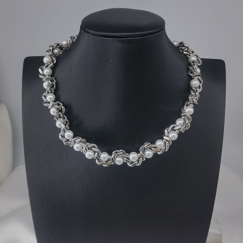 New Trendy Personality Stainless Steel Pearl Agate Beaded Cuban Chain Necklace Men's High-end Accessories_voghion.com