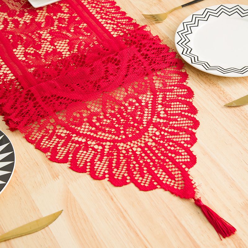 French Country Lace Table Runner - White Boho Tassel Trim, Vintage Style For Dining & Coffee Table Decor, Farmhouse Chic_voghion.com