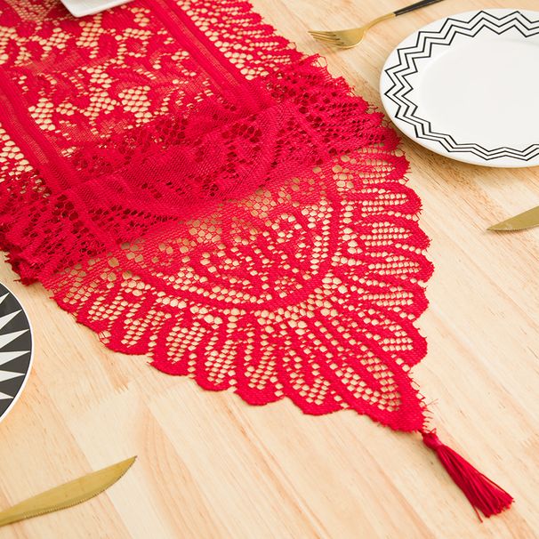 French Country Lace Table Runner - White Boho Tassel Trim, Vintage Style For Dining & Coffee Table Decor, Farmhouse Chic_voghion.com