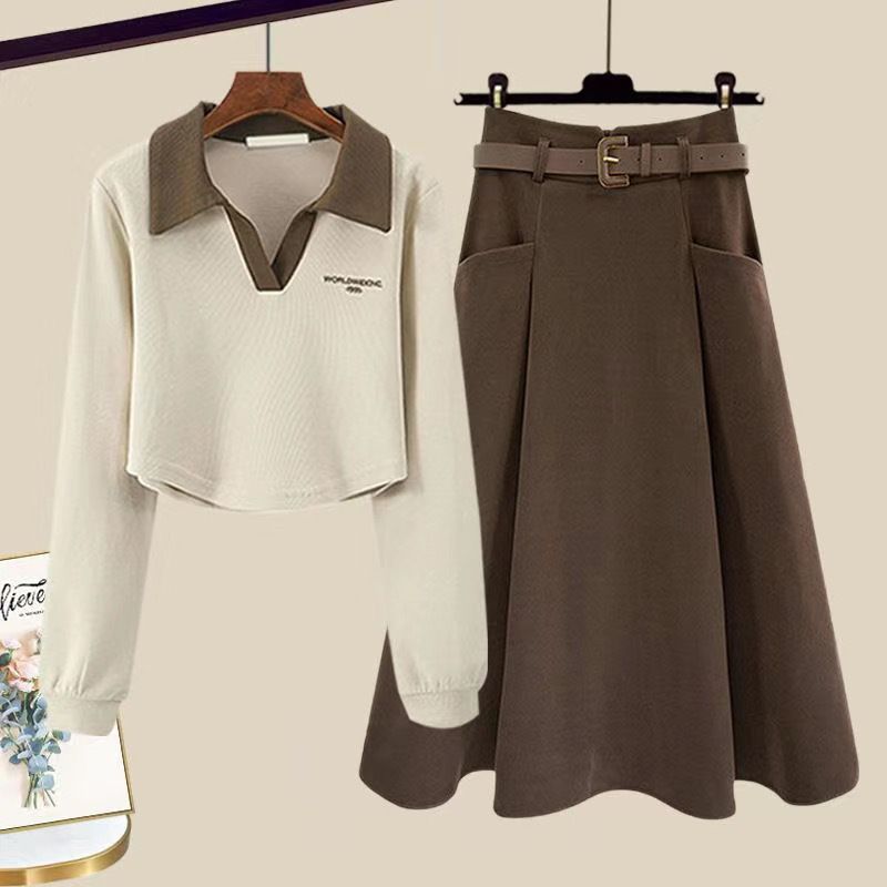 Damkläder höst och vinter ny fet mm-version av åldersreducerande polotröja med krage och kjol som täcker kött, tvådelad kostym_voghion.com