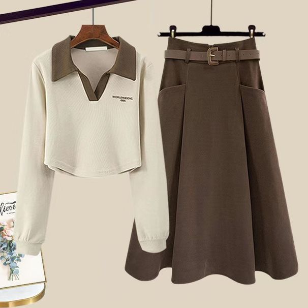 Damkläder höst och vinter ny fet mm-version av åldersreducerande polotröja med krage och kjol som täcker kött, tvådelad kostym_voghion.com