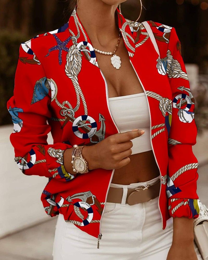 Veste courte imprimée élégante à col montant pour femme_voghion.com