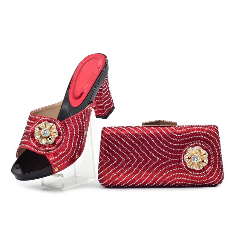 Kadın Ayakkabı Çanta Seti Akşam Parti Eşleşen Çiçek Süslemeli Yuvarlak Burunlu Yüksek Topuklu Sandaletler Aynı Stil El Çantası Günlük Set_voghion.com
