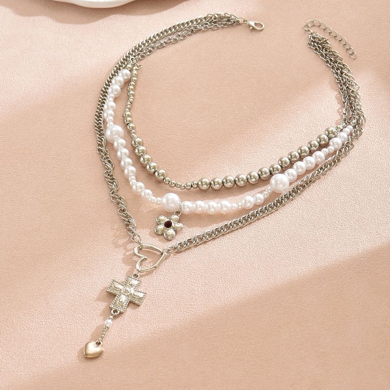 Colar de corrente com pingente, moderno, pesado, artesanato, cruz, pingente de coração, multicamadas, design empilhável, colar de pérolas e flores_voghion.com