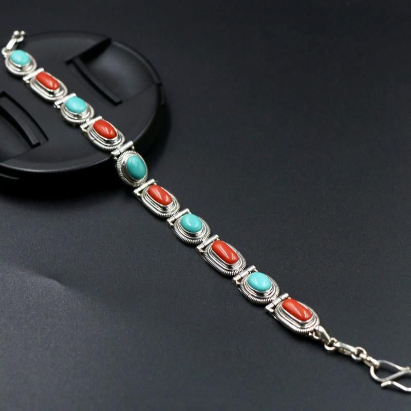 Bracciale turchese in argento fatto a mano nepalese di alta qualità per donna, stile etnico tibetano creativo unico_voghion.com
