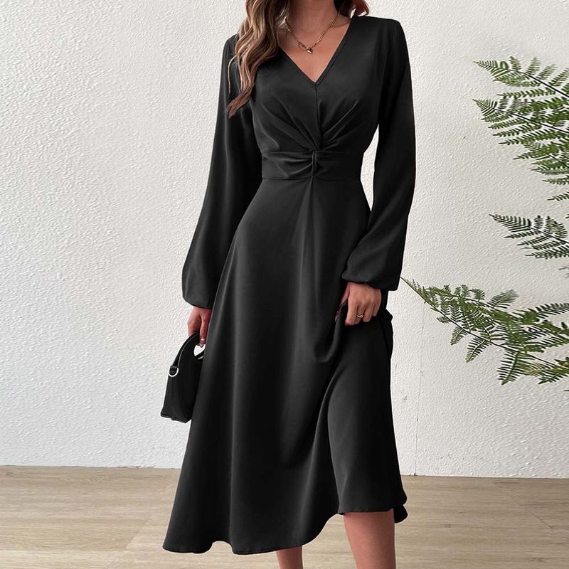2025 French Style Mature V-neck Autumn Winter Elegant Temperament A-line High Waist Midi Dress_voghion.com