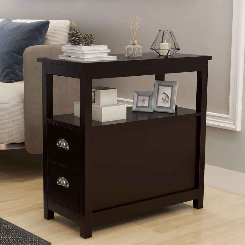 End Table Narrow Nightstand With Two Drawers And Open Shelf_voghion.com