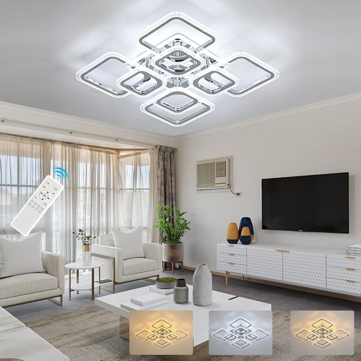 Plafonnier moderne pour chambre et cuisine, LED 80 W à intensité variable, plafonnier de restaurant 8 carrés, luminaires de plafond 3 000-6 000 K, chrome_voghion.com