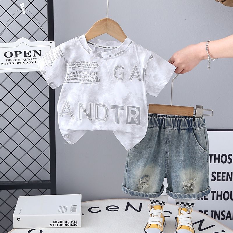 Ensemble deux pièces pour bébé garçon, short de cowboy décontracté, imprimé lettres en mousse, manches courtes, été 2025_voghion.com
