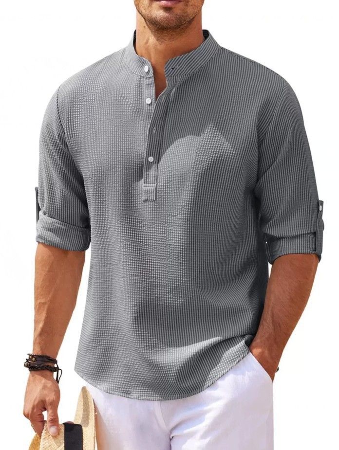 ​​Herren-Langarmhemd mit Stehkragen – Ananas-Karomuster, lässig und atmungsaktiv (Weiß/Schwarz/Khaki/Dunkelgrau/Grün/Hellgrau/Blau)_voghion.com