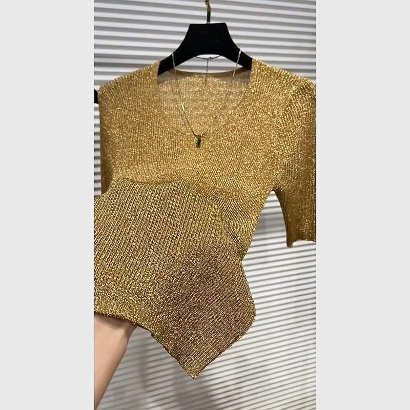 Maglietta a maniche corte dorata da donna, per l'estate, nuovo stile, di alta qualità, temperamento unico, maglia in seta ghiacciata sottile_voghion.com