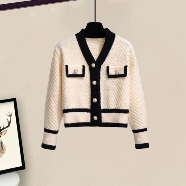 Conjunto elegante de mezclilla para mujer: cárdigan de punto con pantalones acampanados de corte acampanado con bloques de color en contraste, top ajustado con cuello en V y abertura alta, pantalones acampanados, atuendo informal de oficina._voghion.com