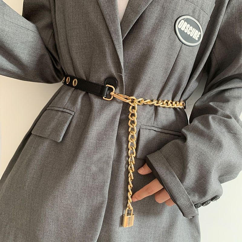 No-Punch For Decorative Suit Dress Thin Metal Buckle Waist Chain Women Trendy Black Belt_voghion.com