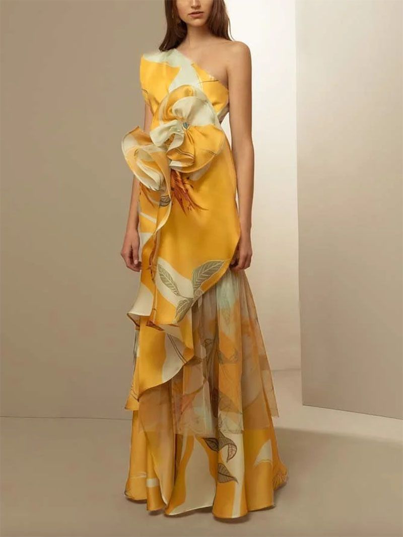 Robe décontractée imprimée à la taille pour femmes, épaules obliques_voghion.com