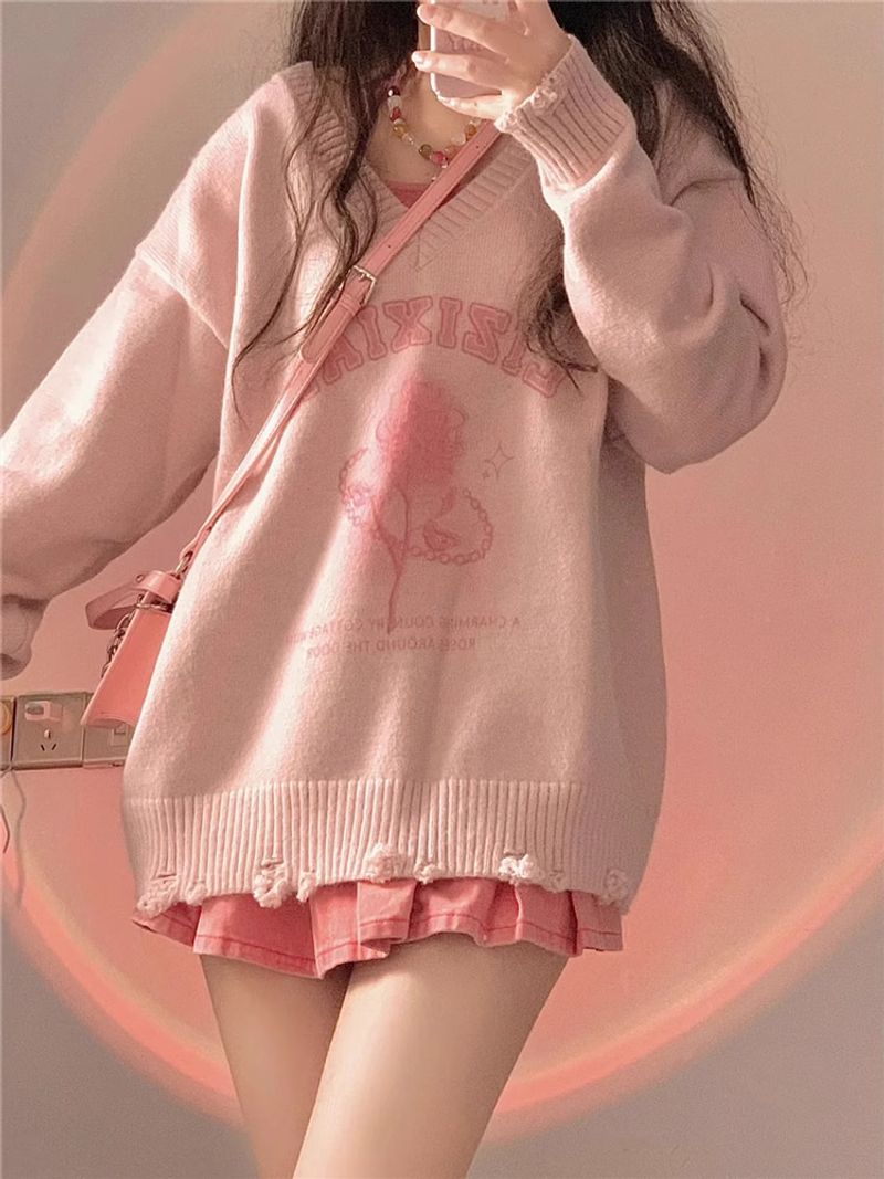 Rosa schicker Pullover mit V-Ausschnitt und Buchstabendruck für Damen im Herbst und Winter, locker und altersreduzierend, lässig, mittellang bis lang_voghion.com