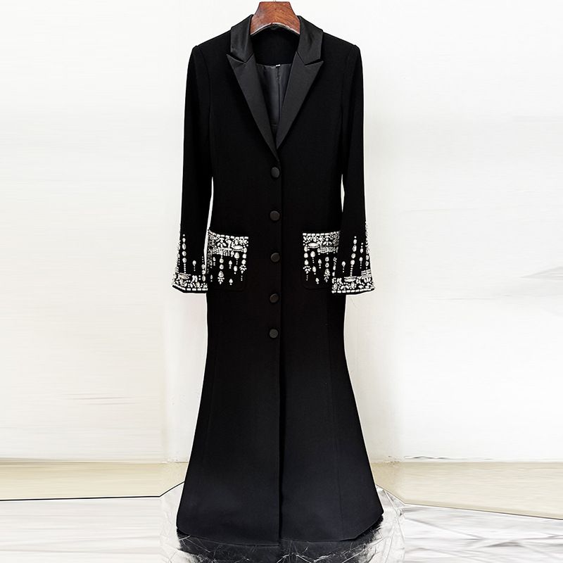 fashion heavy beaded diamond suit collar dress dress fishtail long skirt_voghion.com