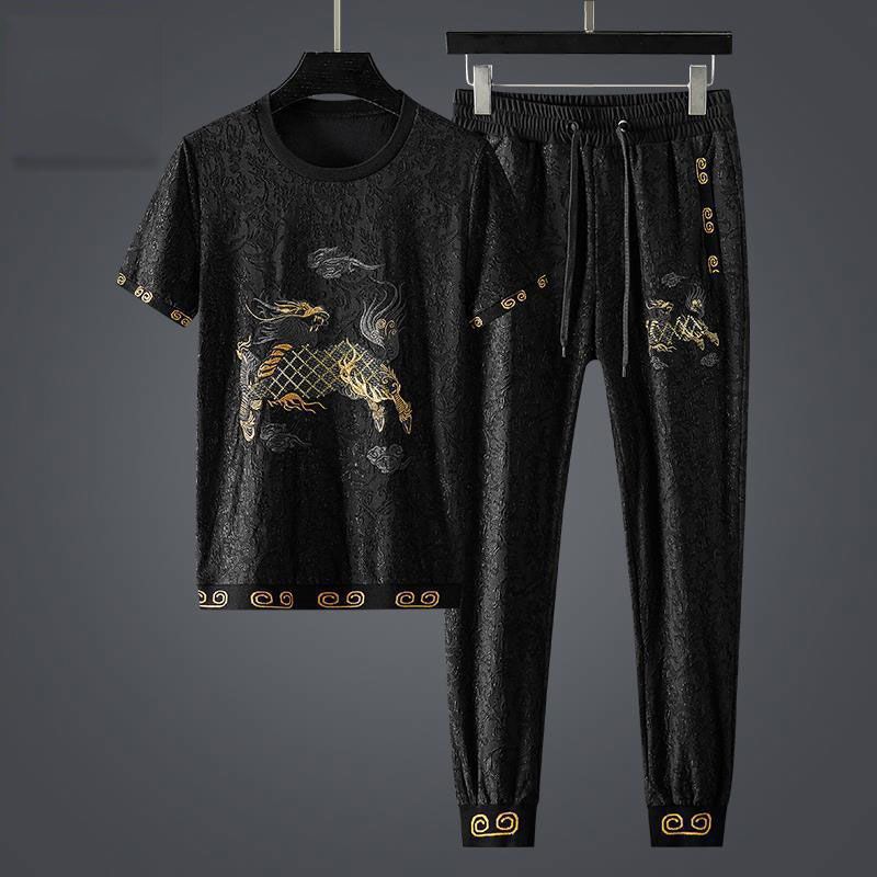 Combinaison de sport brodée de licorne de style chinois pour hommes, vêtements d'été amples, grande taille, décontractés, polyvalents, deux pièces, tendance_voghion.com