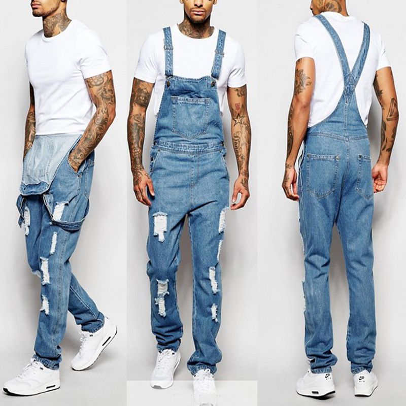 Men's Clothing Fashion Men's Strappy Denim Rompers Ripped Jeans Trousers_voghion.com