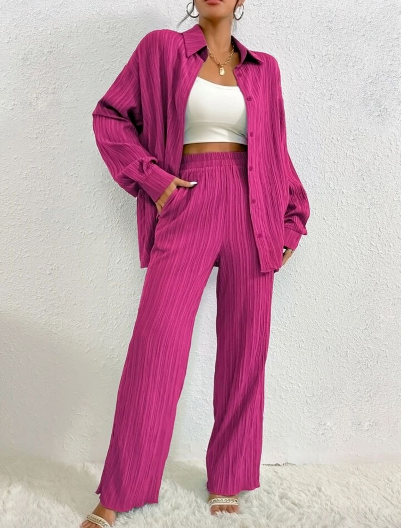 Ensemble deux pièces décontracté pour femme, couleur unie, drapé, ample, lisse et plissé, collection printemps-automne 2025_voghion.com