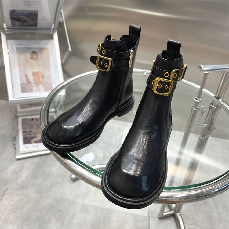 Botas cortas de estilo extranjero para mujer, estilo británico, primavera y otoño 2024. Nuevas botas planas de una sola pieza, estilo retro, botas Martin finas con personalidad._voghion.com