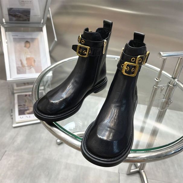 Botas cortas de estilo extranjero para mujer, estilo británico, primavera y otoño 2024. Nuevas botas planas de una sola pieza, estilo retro, botas Martin finas con personalidad._voghion.com