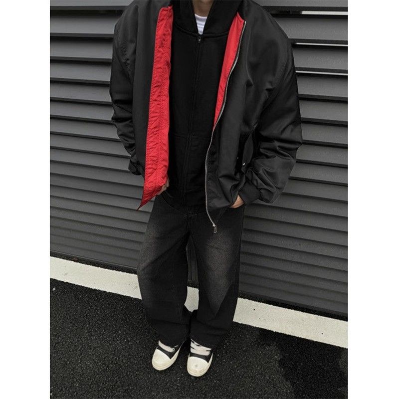 Retro Detroit Bomberjacke – Farbblock-Futter, High-Street-Fliegermantel (M-XXL, verdickt, wasserdicht, Reißverschluss, Streetwear, Unisex)​_voghion.com