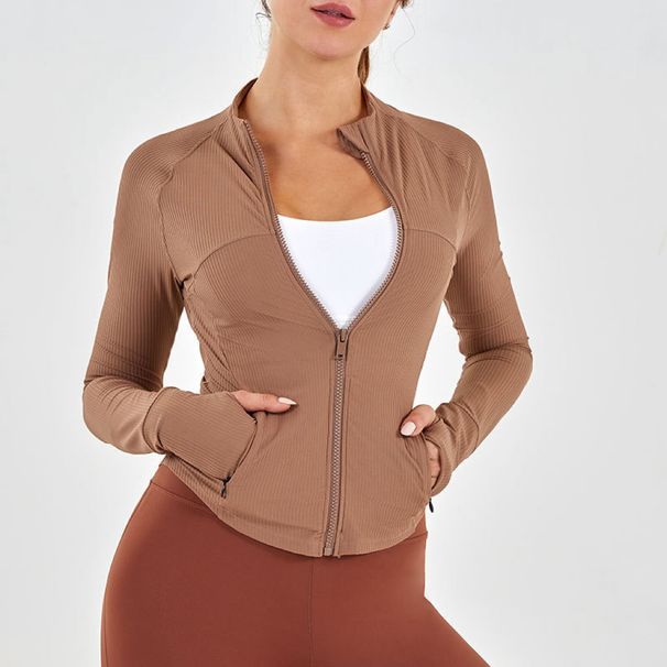 Abbigliamento da yoga attillato con colletto rialzato da donna, abbigliamento fitness con tasca con cerniera filettata, altamente elastico e morbido_voghion.com