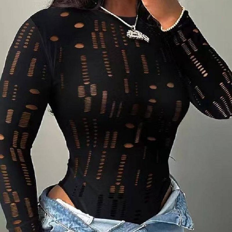 Moteriški drabužiai Y2K skylėtas žakardo audinio aptemptas seksualus kombinezonas naujas moteriškas_voghion.com